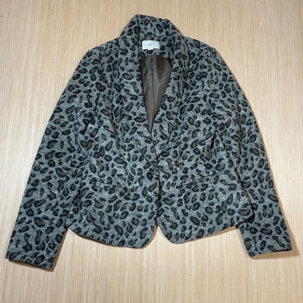 Loft Blazer Women Medium Grey Leopard Print Wool Blend Shawl Collar One Button